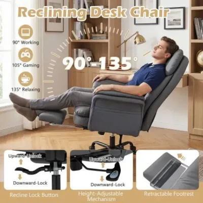 Ergonomická kancelárska stolička, výškovo nastaviteľná manažérska stolička s 5 kolieskami a výsuvnou opierkou na nohy, šedá
