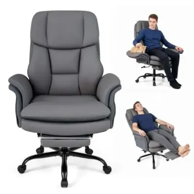 Ergonomická kancelárska stolička, výškovo nastaviteľná manažérska stolička s 5 kolieskami a výsuvnou opierkou na nohy, šedá