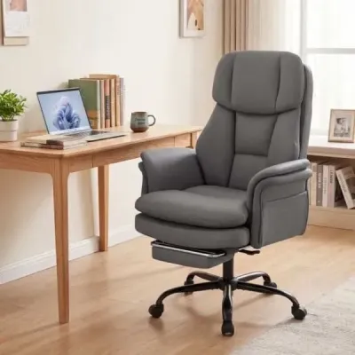 Ergonomická kancelárska stolička, výškovo nastaviteľná manažérska stolička s 5 kolieskami a výsuvnou opierkou na nohy, šedá
