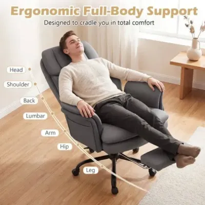 Ergonomická kancelárska stolička, výškovo nastaviteľná manažérska stolička s 5 kolieskami a výsuvnou opierkou na nohy, šedá
