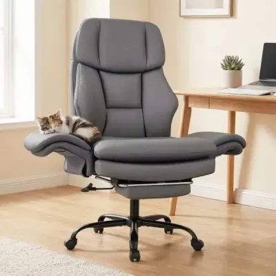 Ergonomická kancelárska stolička, výškovo nastaviteľná manažérska stolička s 5 kolieskami a výsuvnou opierkou na nohy, šedá