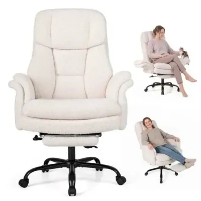 Ergonomická kancelárska stolička, výškovo nastaviteľná manažérska stolička s 5 kolieskami a výsuvnou opierkou na nohy, biela