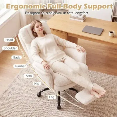 Ergonomická kancelárska stolička, výškovo nastaviteľná manažérska stolička s 5 kolieskami a výsuvnou opierkou na nohy, biela