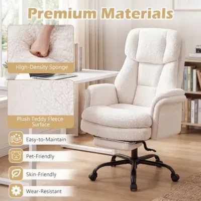 Ergonomická kancelárska stolička, výškovo nastaviteľná manažérska stolička s 5 kolieskami a výsuvnou opierkou na nohy, biela