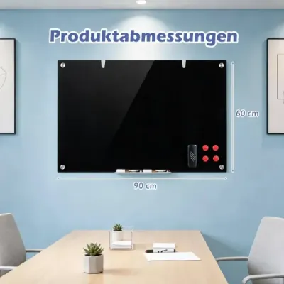 Sklenená magnetická tabuľa 60 x 90 cm, magnetická stena, na ktorú sa dá písať a z ktorej sa dá zotrieť, bezrámová, čierna