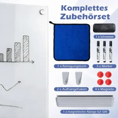 Sklenená magnetická tabuľa 60 x 90 cm, magnetická stena, na ktorú sa dá písať a z ktorej sa dá zotrieť, bezrámová biela tabuľa
