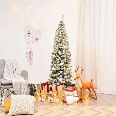 Ceruzkový vianočný stromček so snehom 180 cm Umelý vianočný stromček s kovovým stojanom zelená + biela