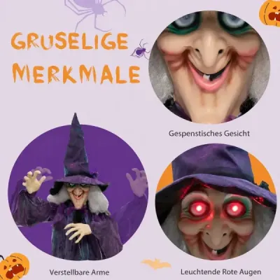 Halloween – animovaná visiaca čarodejnica, 180 cm, hovoriaca čarodejnica so svietiacimi očami, fialová