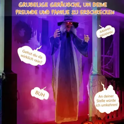 Halloween – animovaná visiaca čarodejnica, 180 cm, hovoriaca čarodejnica so svietiacimi očami, fialová