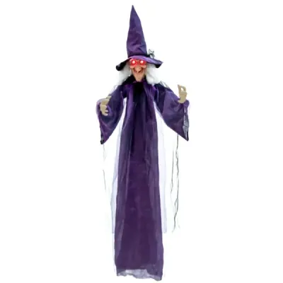 Halloween – animovaná visiaca čarodejnica, 180 cm, hovoriaca čarodejnica so svietiacimi očami, fialová
