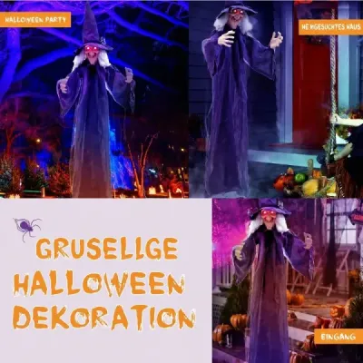 Halloween – animovaná visiaca čarodejnica, 180 cm, hovoriaca čarodejnica so svietiacimi očami, fialová