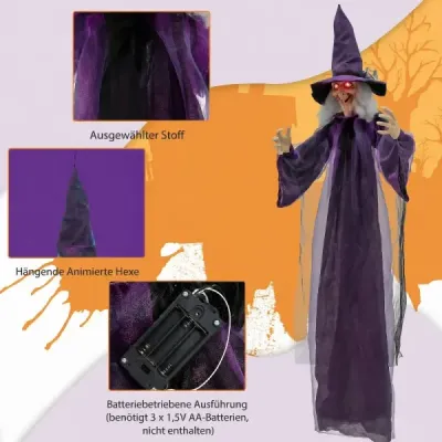 Halloween – animovaná visiaca čarodejnica, 180 cm, hovoriaca čarodejnica so svietiacimi očami, fialová