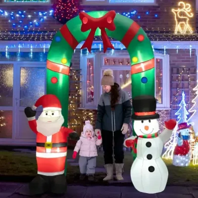 245 cm vysoký nafukovací vianočný oblúk s výzdobou Santa Clausa a snehuliaka