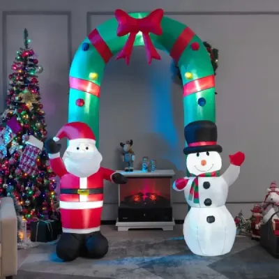245 cm vysoký nafukovací vianočný oblúk s výzdobou Santa Clausa a snehuliaka