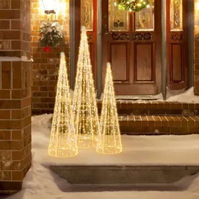 3 LED vianočné stromčeky v tvare kužeľa s rozprávkovými svetielkami a hviezdicovými šnúrkami