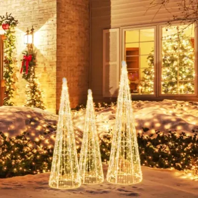 3 LED vianočné stromčeky v tvare kužeľa s rozprávkovými svetielkami a hviezdicovými šnúrkami