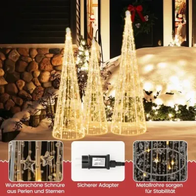3 LED vianočné stromčeky v tvare kužeľa s rozprávkovými svetielkami a hviezdicovými šnúrkami