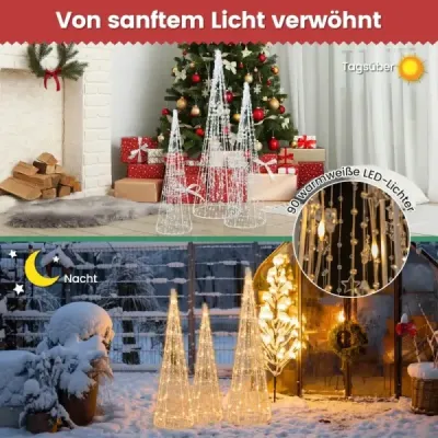 3 LED vianočné stromčeky v tvare kužeľa s rozprávkovými svetielkami a hviezdicovými šnúrkami