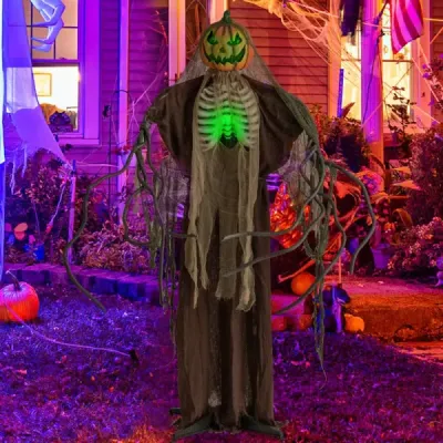 175 cm halloweenská tekvica s kostrou, strašidelným zvukom a podstavcom – halloweenská dekorácia so svietiacou hlavou