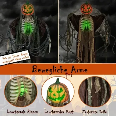 175 cm halloweenská tekvica s kostrou, strašidelným zvukom a podstavcom – halloweenská dekorácia so svietiacou hlavou