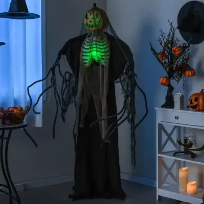 175 cm halloweenská tekvica s kostrou, strašidelným zvukom a podstavcom – halloweenská dekorácia so svietiacou hlavou