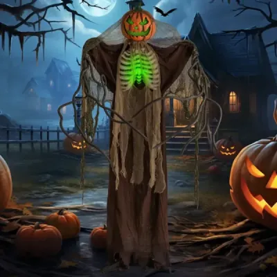 175 cm halloweenská tekvica s kostrou, strašidelným zvukom a podstavcom – halloweenská dekorácia so svietiacou hlavou