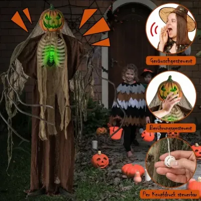 175 cm halloweenská tekvica s kostrou, strašidelným zvukom a podstavcom – halloweenská dekorácia so svietiacou hlavou