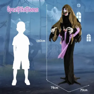 Halloween – animovaný upír, 160 cm, halloweenská dekorácia, stojaca, aktivovaná zvukom, so svietiacimi očami