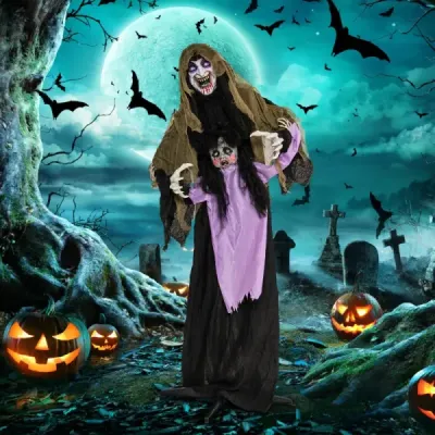 Halloween – animovaný upír, 160 cm, halloweenská dekorácia, stojaca, aktivovaná zvukom, so svietiacimi očami