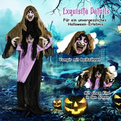 Halloween – animovaný upír, 160 cm, halloweenská dekorácia, stojaca, aktivovaná zvukom, so svietiacimi očami