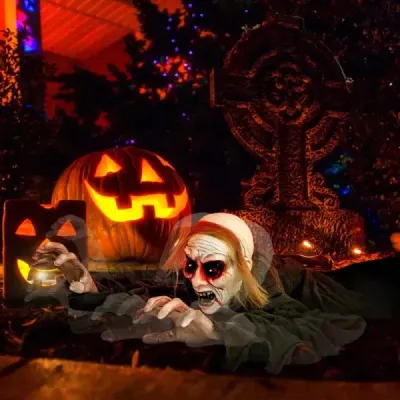 Halloweenská dekorácia do exteriéru – svietiaci zombie s desivým zvukom pre strašidelný dom v záhrade