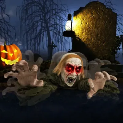 Halloweenská dekorácia do exteriéru – svietiaci zombie s desivým zvukom pre strašidelný dom v záhrade