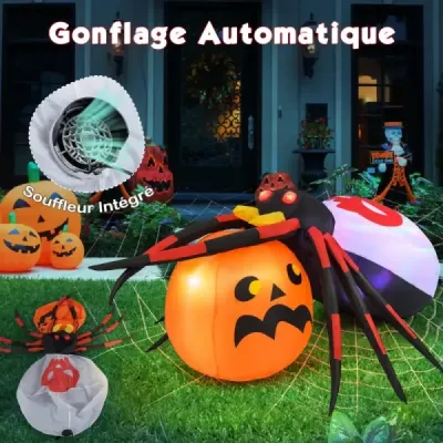 Nafukovací halloweensky pavúk s tekvicou a rotujúcimi LED svetlami Dekorácia strašidelného pavúka