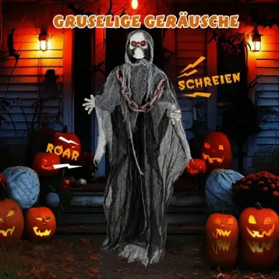 Halloweenská dekorácia do exteriéru – stojaca postava Smrť animatronická halloweenská dekorácia v podobe kostry