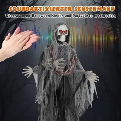 Halloweenská dekorácia do exteriéru – stojaca postava Smrť animatronická halloweenská dekorácia v podobe kostry