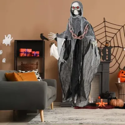 Halloweenská dekorácia do exteriéru – stojaca postava Smrť animatronická halloweenská dekorácia v podobe kostry