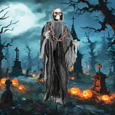 Halloweenská dekorácia do exteriéru – stojaca postava Smrť animatronická halloweenská dekorácia v podobe kostry