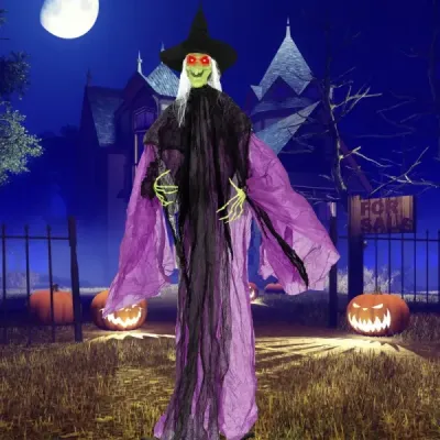 220 cm vysoká halloweenská čarodejnica so senzorom pohybu – animatronická čarodejnica so svietiacimi očami