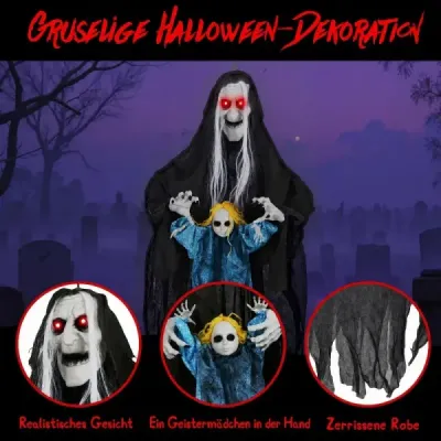 210 cm – visiaca hovoriaca halloweenská čarodejnica, halloweenská dekorácia so svietiacimi očami
