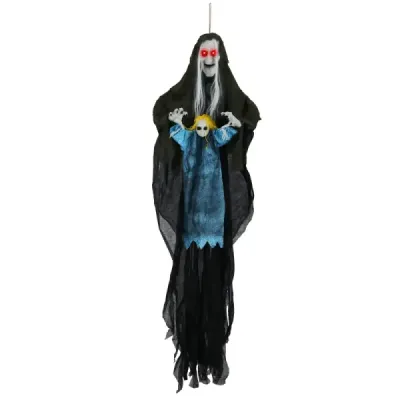 210 cm – visiaca hovoriaca halloweenská čarodejnica, halloweenská dekorácia so svietiacimi očami