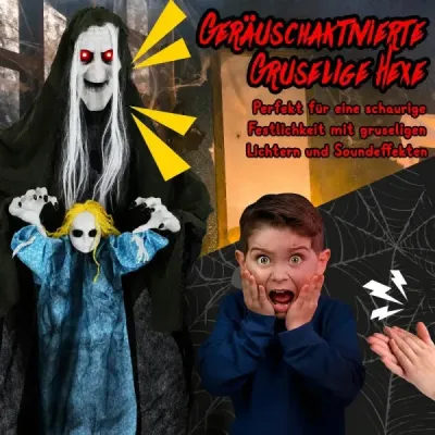 210 cm – visiaca hovoriaca halloweenská čarodejnica, halloweenská dekorácia so svietiacimi očami