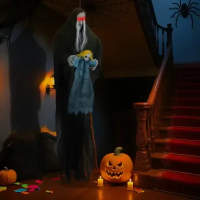 210 cm – visiaca hovoriaca halloweenská čarodejnica, halloweenská dekorácia so svietiacimi očami