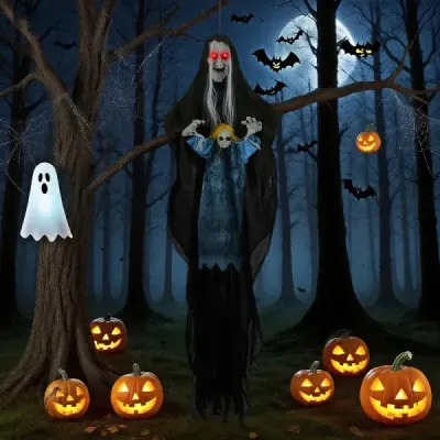 210 cm – visiaca hovoriaca halloweenská čarodejnica, halloweenská dekorácia so svietiacimi očami