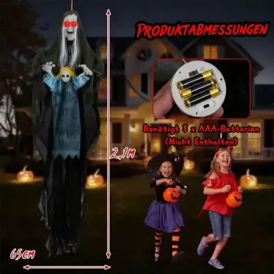 210 cm – visiaca hovoriaca halloweenská čarodejnica, halloweenská dekorácia so svietiacimi očami