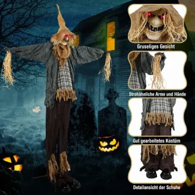Halloweenský strašiak, stojací, 210 cm, slamená bábka, animovaná, halloweenská dekorácia pre strašidelný dom, dvor a párty