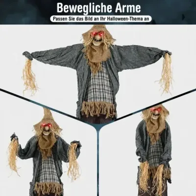 Halloweenský strašiak, stojací, 210 cm, slamená bábka, animovaná, halloweenská dekorácia pre strašidelný dom, dvor a párty