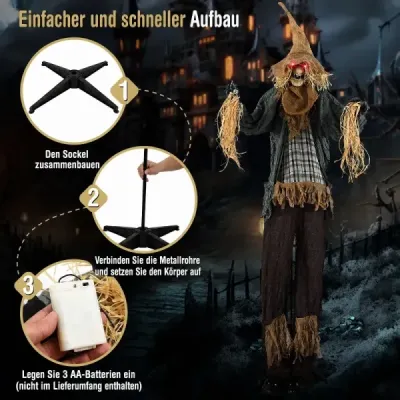 Halloweenský strašiak, stojací, 210 cm, slamená bábka, animovaná, halloweenská dekorácia pre strašidelný dom, dvor a párty