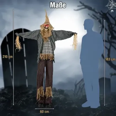 Halloweenský strašiak, stojací, 210 cm, slamená bábka, animovaná, halloweenská dekorácia pre strašidelný dom, dvor a párty