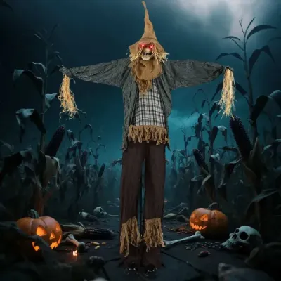 Halloweenský strašiak, stojací, 210 cm, slamená bábka, animovaná, halloweenská dekorácia pre strašidelný dom, dvor a párty