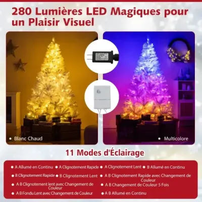 180 cm umelý vianočný stromček s 3-farebnými LED svetlami Vianočný stromček biely